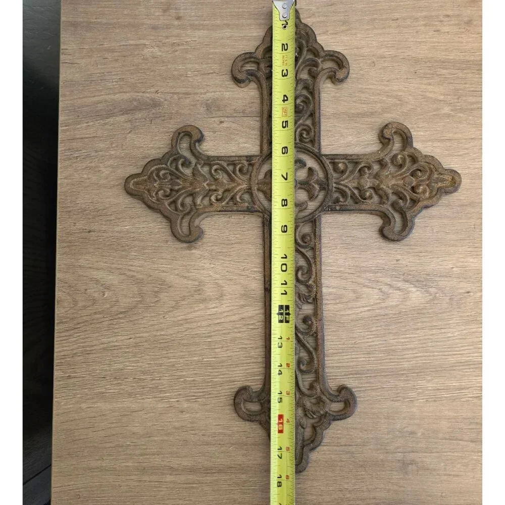 Cast Iron Hanging Cross Scrollwork Rustic Brown Finish Religious Heavy - Picture 6 of 10